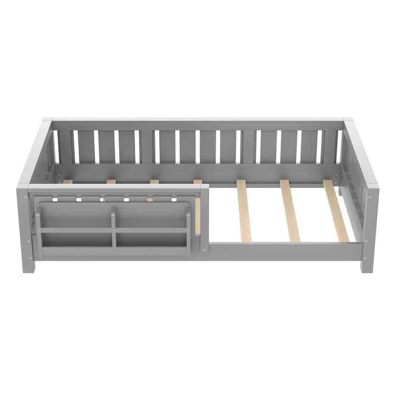 Low Profile Montessori Bed Floor Platform Bed with Fence and Bookshelf