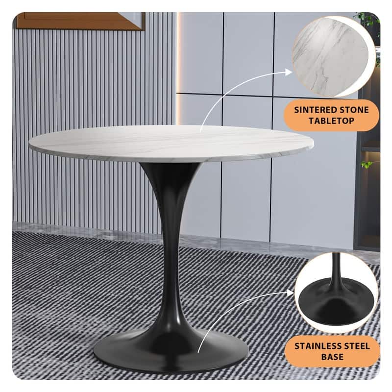 Verve Dining Table with a 36" Round Stone Tabletop in Black Steel - 35.43