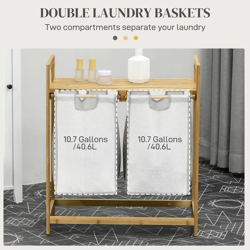 Homcom Double Laundry Hamper 2 Section Bamboo Laundry Basket With Storage Shelf 2 Pull-Out And Removable Bags