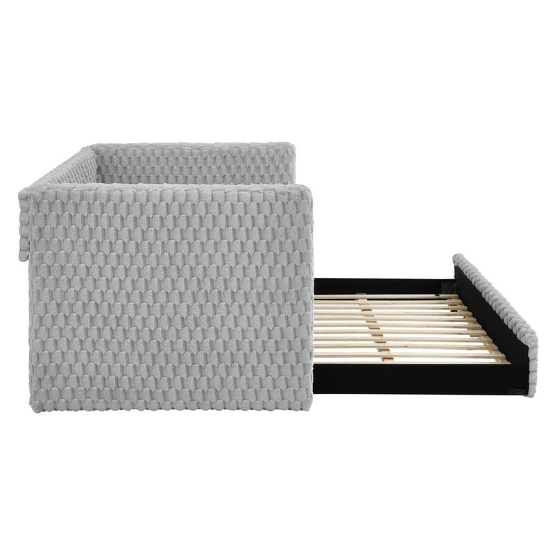 Roomfitters Twin Upholstered Daybed with Pull-Out Trundle, Corduroy Fabric Sofa Bed Frame for Living Room