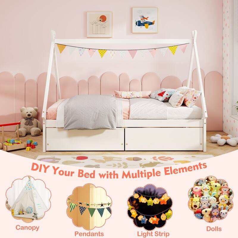 Kids Twin Size Wooden House-Shaped Platform Bed with Storage Drawers for Boys and Girls