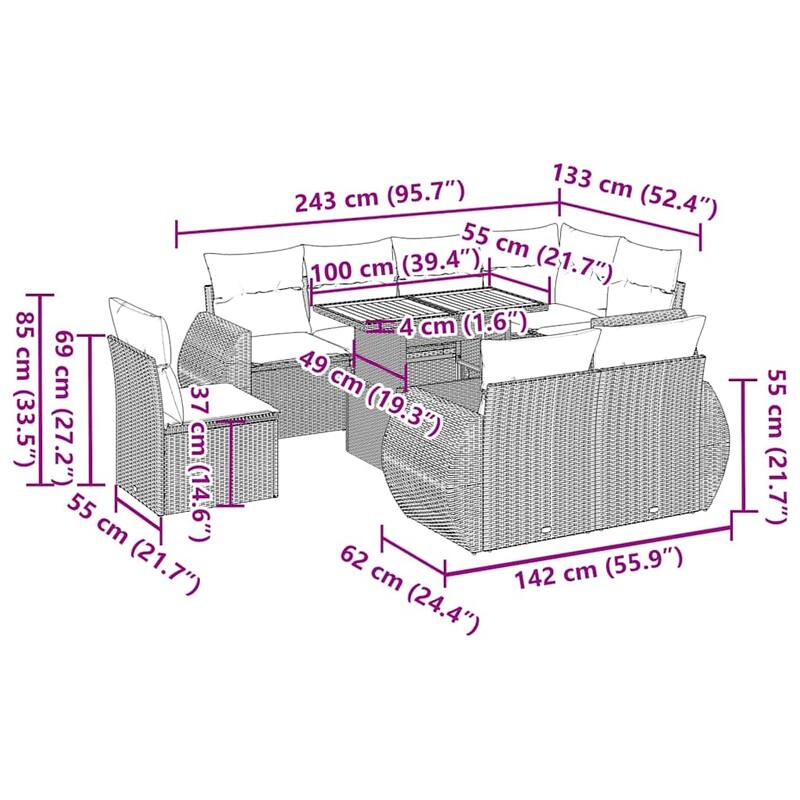 vidaXL Patio Sofa Set with Cushions Lounge Table and Sofas 9 Piece Poly Rattan - 21.7 x 39.4 x 28.7