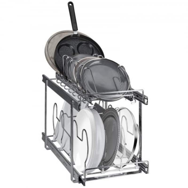 Chrome Plated Steel 2-Tier Expandable Pull Out Under Cabinet Organizer with Adjustable Wire Divider