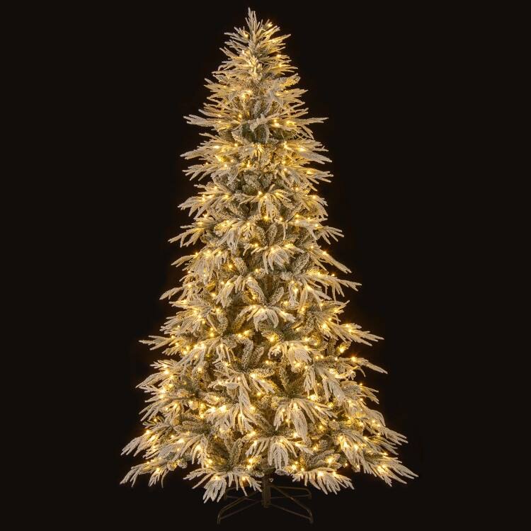 Pre Lit Snow Flocked Artificial Christmas Tree with Warm White LED Lights and Metal Stand