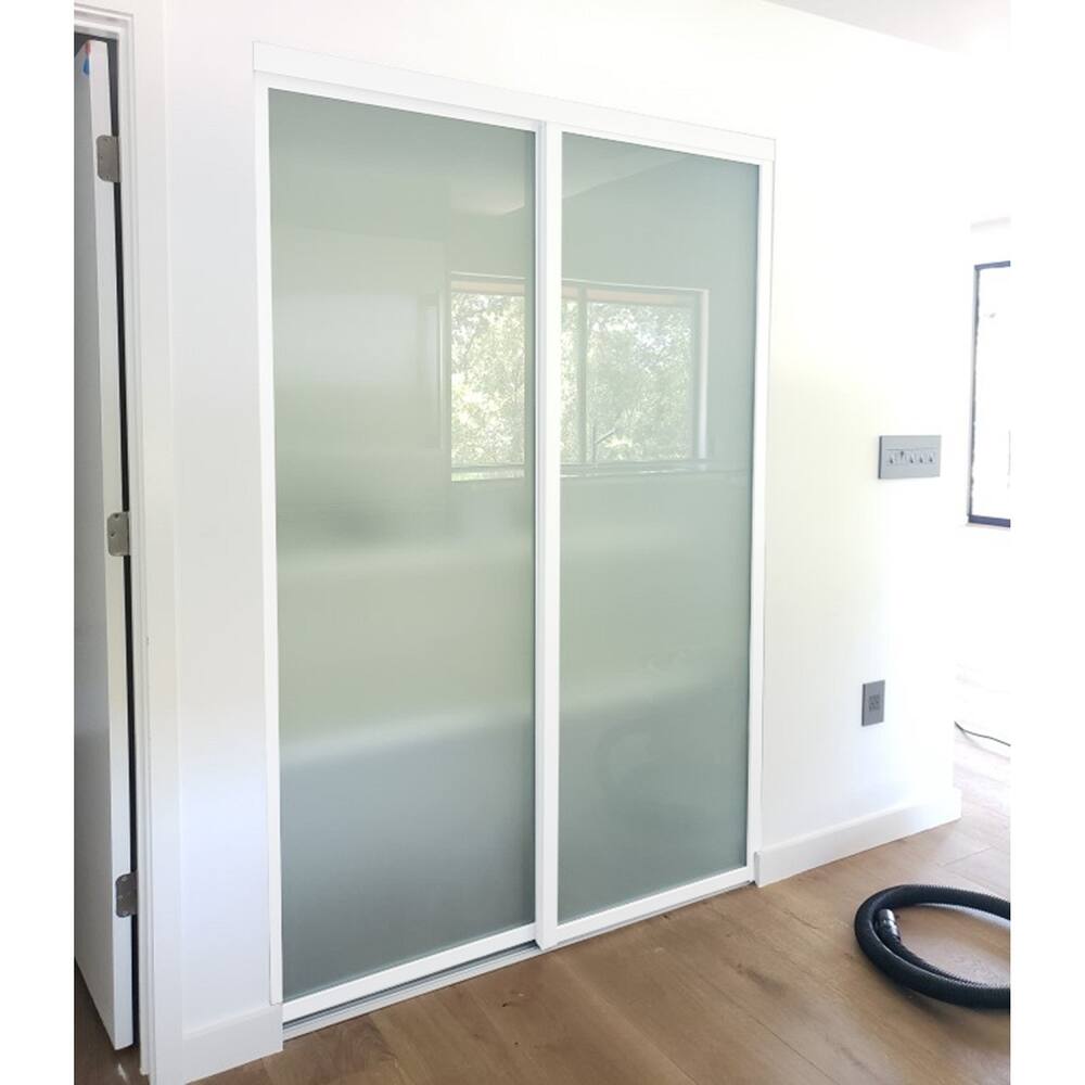 THE SLIDING DOOR COMPANY 2 Panel, Sliding Closet Doors, Frosted Glass, Aluminum Frame on double track.