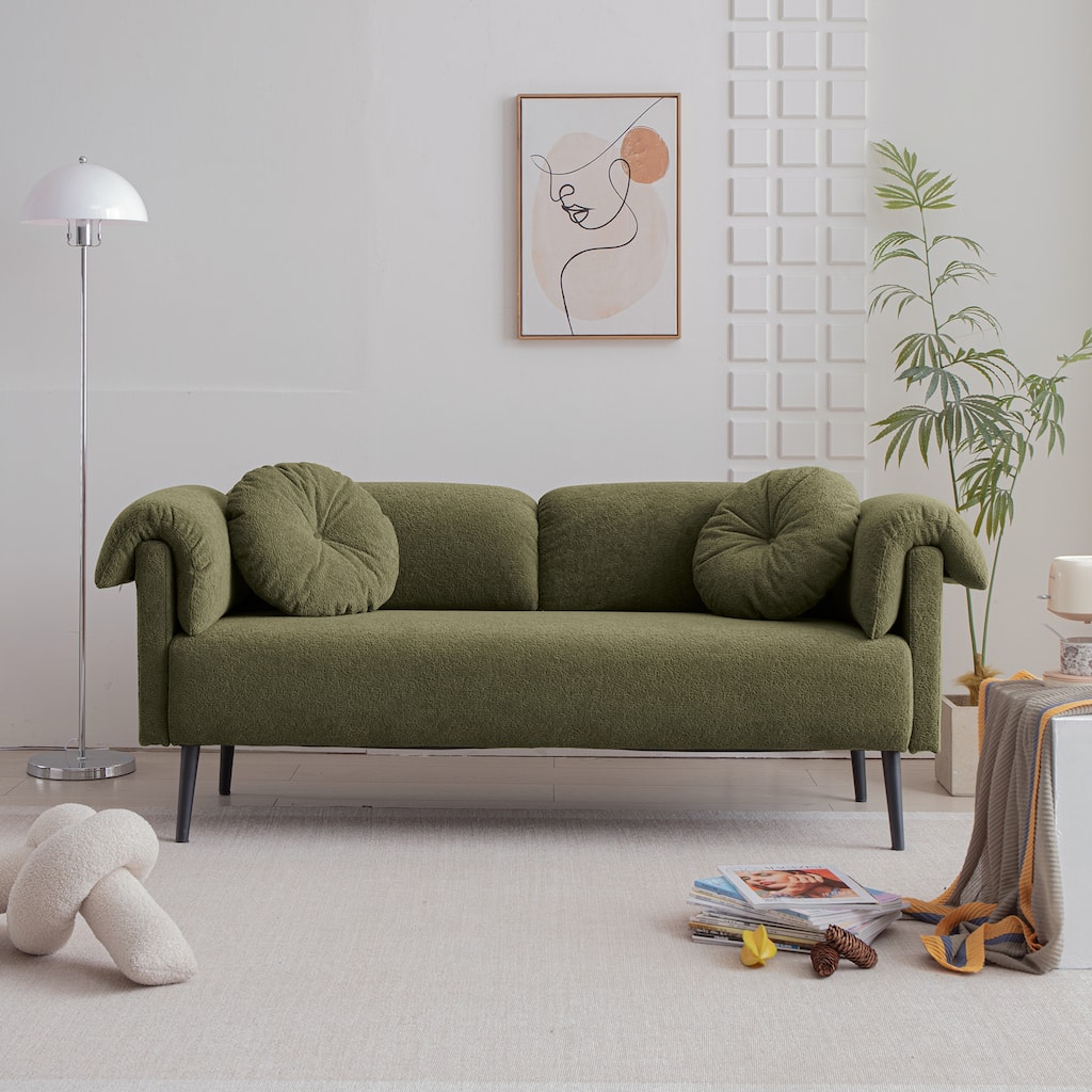 Modern Faux Lamb Wool Sofa with 2 Throw Pillows