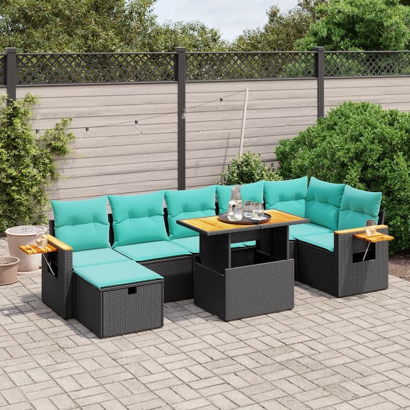 vidaXL Patio Sofa Set with Cushions Outdoor Furniture 8 Piece Poly Rattan - Black - 21.7 x 24.4 x 27.2