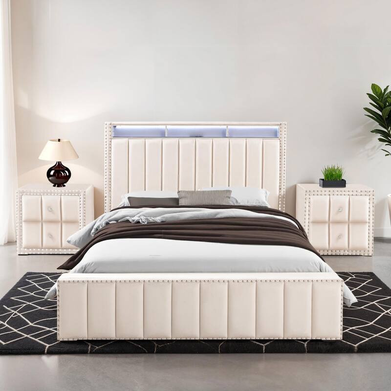 247 Shop At Home Fynor Modern 3-Piece Velvet Full Storage Platform Bedroom Set - Beige