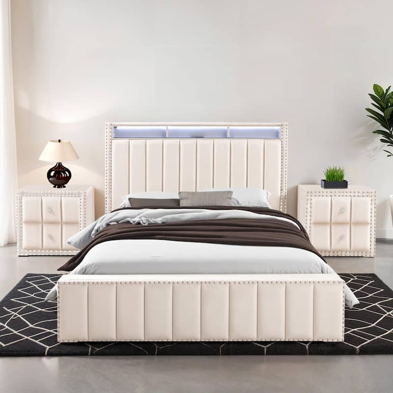 247 Shop At Home Fynor Modern 3-Piece Velvet Queen Storage Platform Bedroom Set - Beige