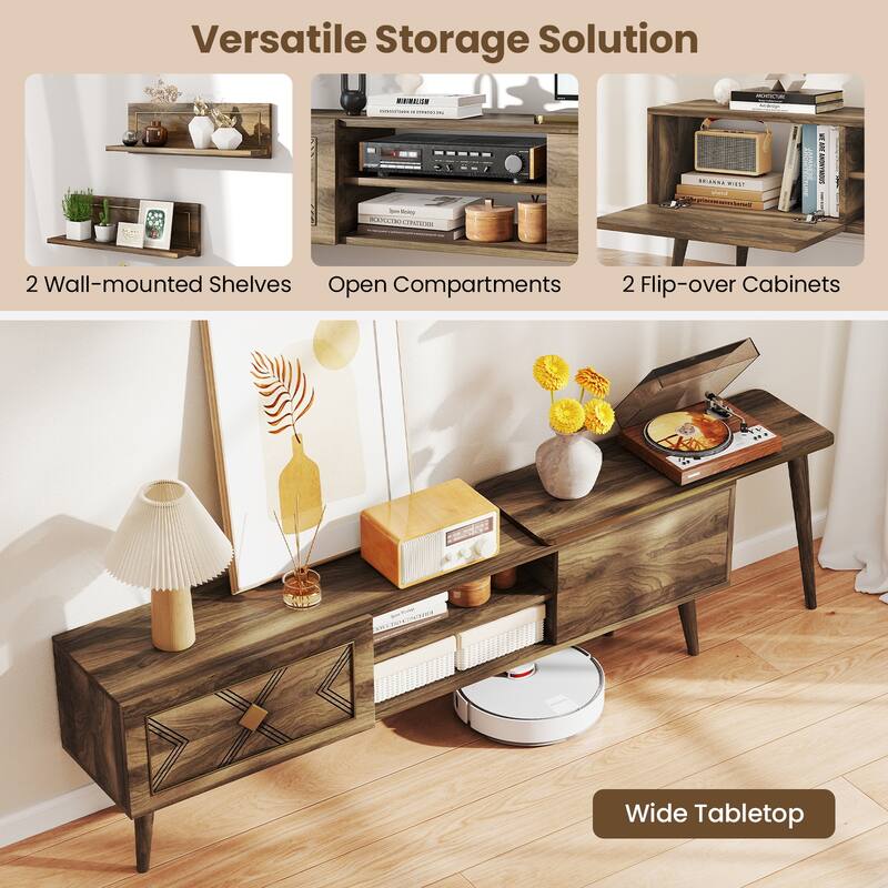 Walnut Engineered Wood TV Stand for 85" TVs with Storage and Floating Shelves - 75" L x 12.5" W x 20" H