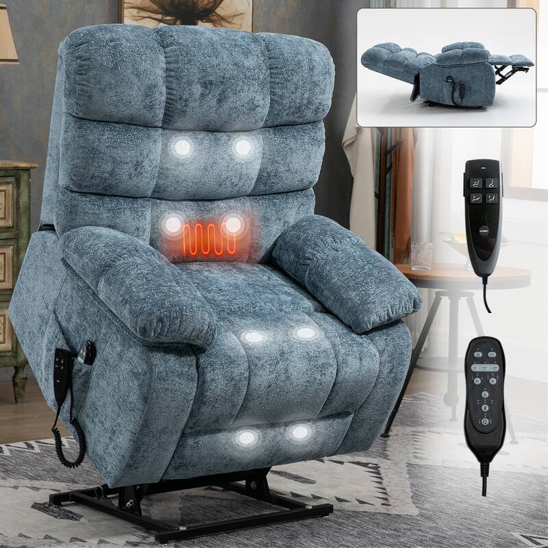 Chenille Power Lift Recliner Chair for Big and Tall with Massage, Heat, Dual Motors, and 180° Recline