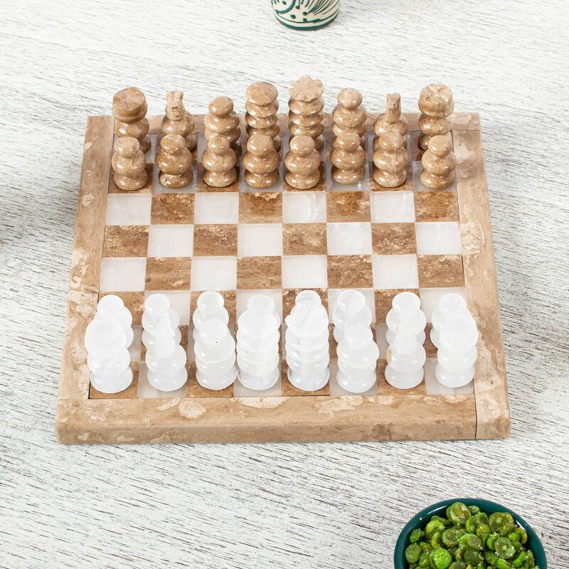 Novica Handmade Brown And White Challenge Onyx And Marble Chess Set (7.5 Inch)