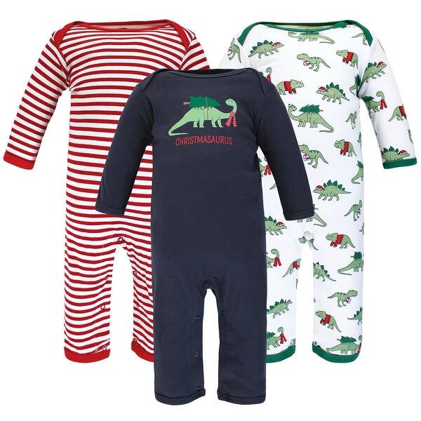 slide 1 of 1, Hudson Baby Infant Boy Cotton Coveralls, Christmasaurus 3 - 6 Months - Green/Blue/Red