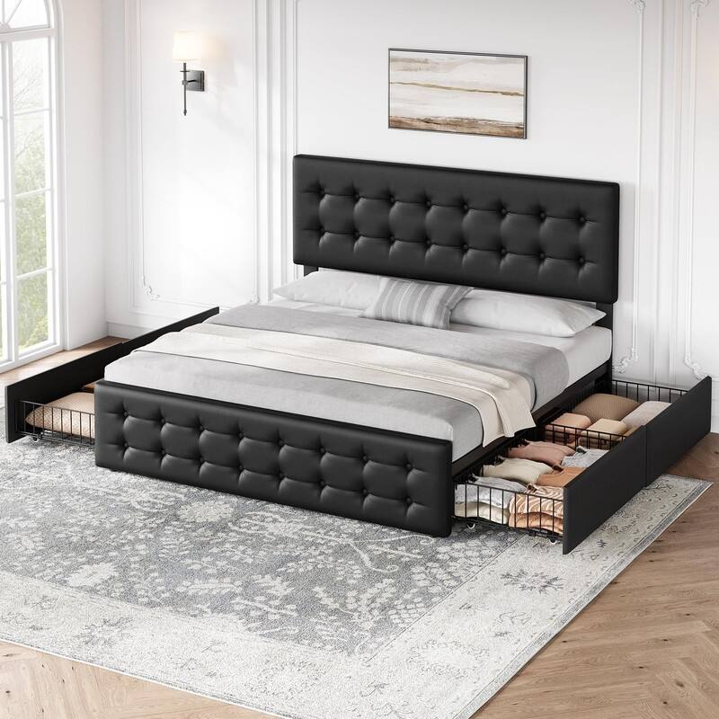 Upholstered Bed with 4 Drawers and Adjustable Button-Tufted Linen Headboard