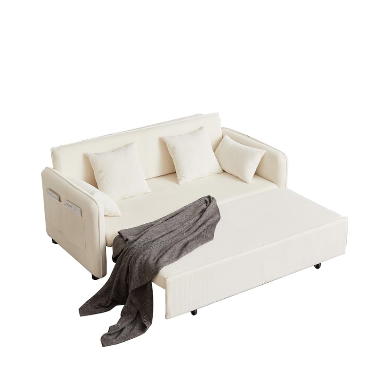 3-in-1 Pull Out Sleeper Sofa Bed, Convertible Corduroy Loveseat Couch with Casters, 4 Pillows and Side Pockets for Living Room