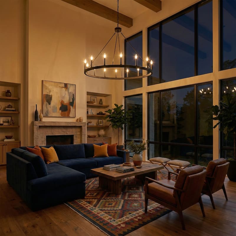 Modern Farmhouse Black Round Wagon Wheel Chandelier