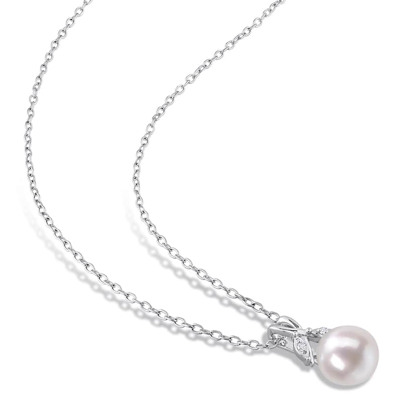 Miadora Sterling Silver Cultured Freshwater Pearl & Diamond Accent Leaf Drop Necklace (7.5-8mm)