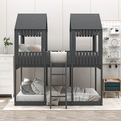 Full Over Full WoodBunk Bed with Roof, Window, Guardrail, Ladder