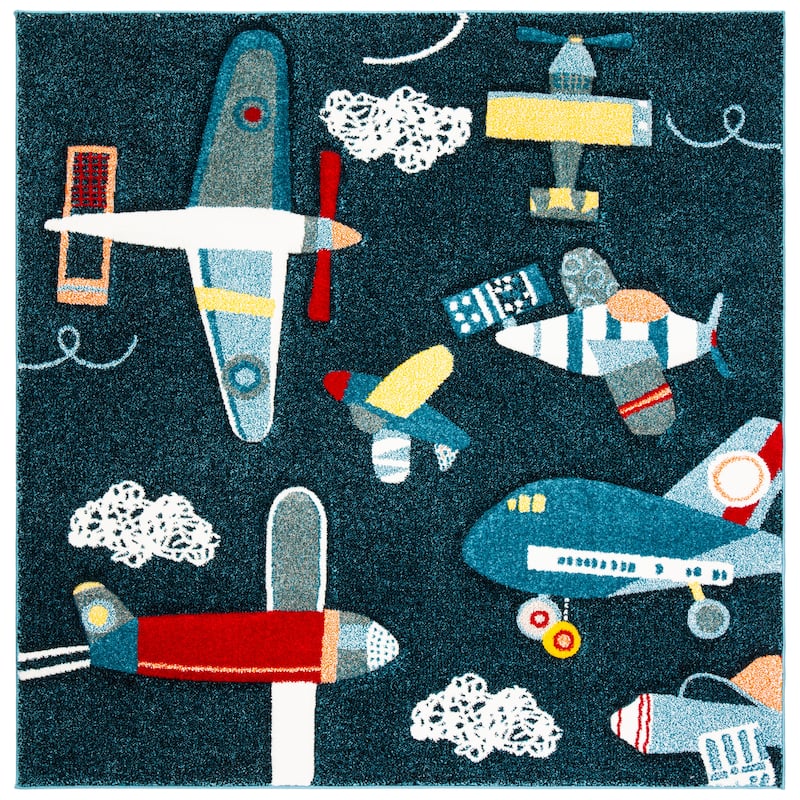 SAFAVIEH Carousel Kids Ardak Airplane Rug - 5'3" Square - Navy/Ivory - Square