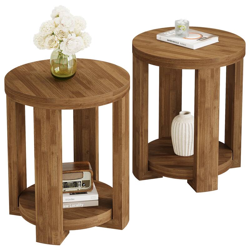 2-Tier Round End Table, Side Table, Small Bedside Accent Table for Living Room, Bedroom (Set of 2)