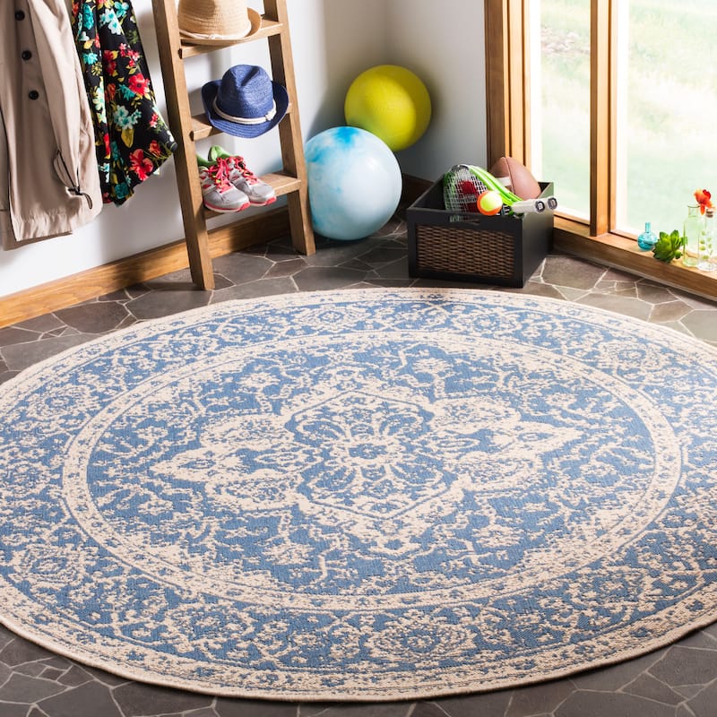 SAFAVIEH Linden Louann Indoor/ Outdoor Waterproof Patio Backyard Rug - 6'7" Round - Blue/Creme