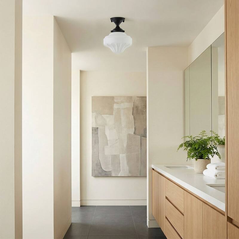 1-Light Matte Black Semi-Flush Mount Ceiling Light with Frosted White Glass Shade