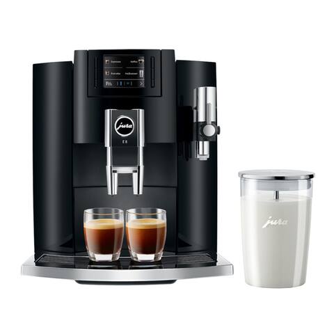 Jura E8 Automatic Coffee Machine (Piano Black) w/ Glass Milk Container