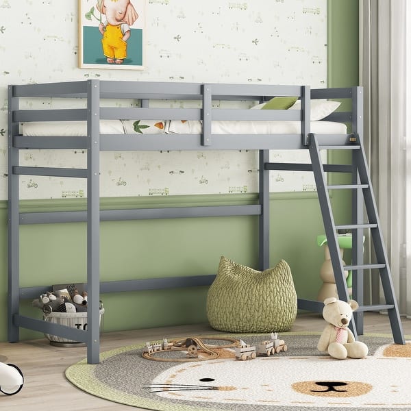 slide 2 of 11, Grey Twin Size Pine Wood High Loft Bed with inclined Ladder and Guardrails for Bedroom Grey
