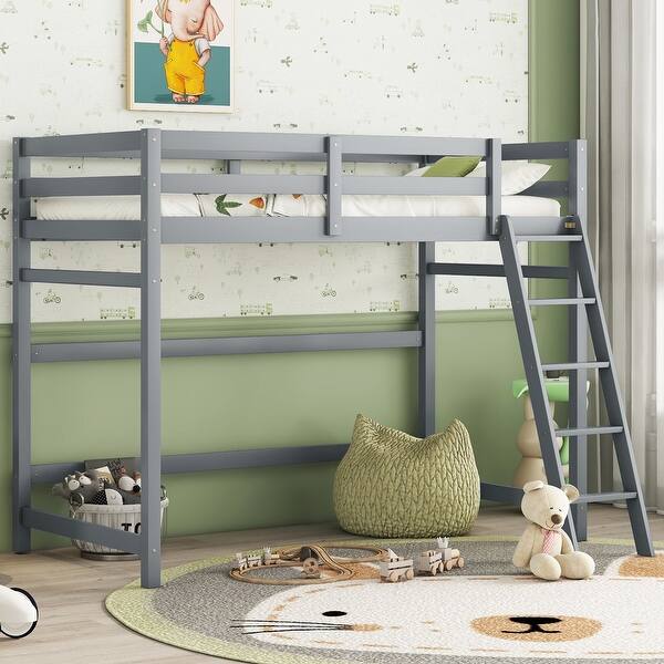 slide 2 of 18, Modern Twin Size Pine Wood Loft Bed Frame with Built-in inclined Ladder, High Guardrails, No Need Spring Box Grey - Twin