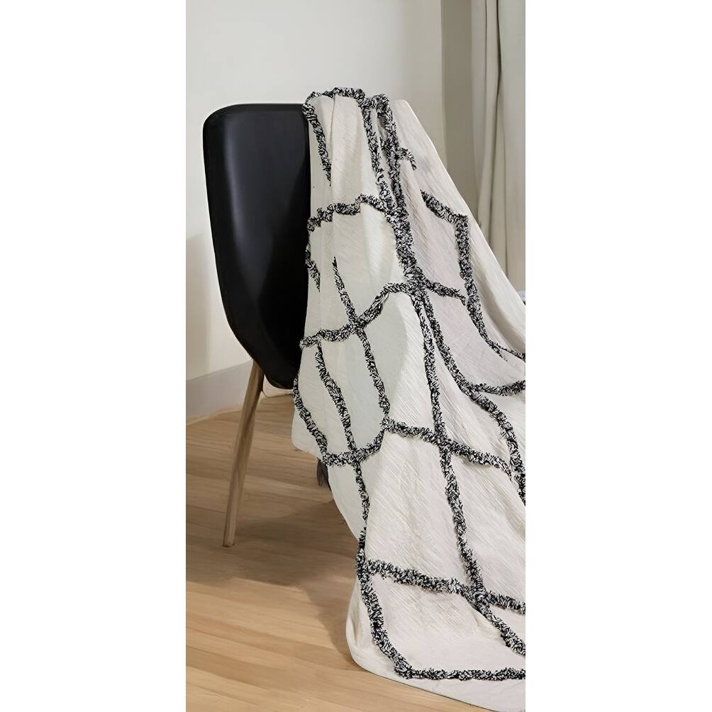 60" X 50" Cream Woven Cotton Geometric Throw Blanket with Fringe