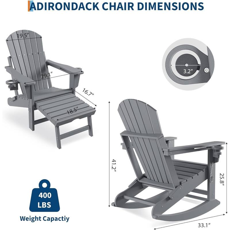 Adirondack Rocking Chair with Ottoman Folding HDPE Outdoor Chair All-Weather
