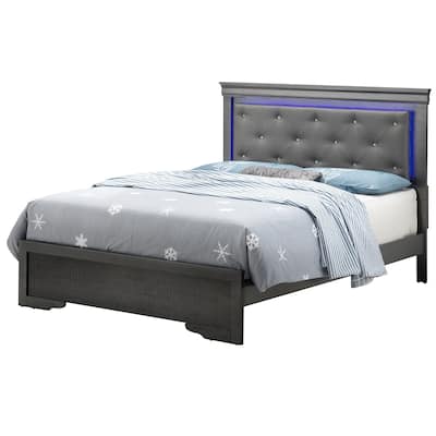 Metallic Upholstered Jewel Tufted Queen Panel Bed with LED Lights - 85" - Black