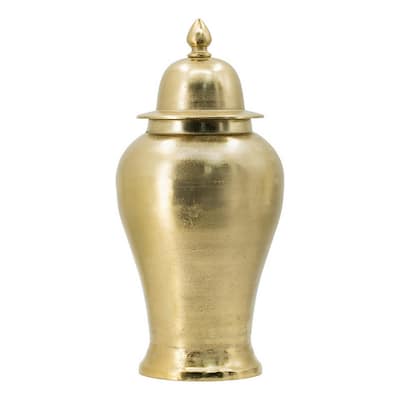 21 Inch Lidded Vase Urn, Finial Accent Brilliant Gold Aluminum Finish