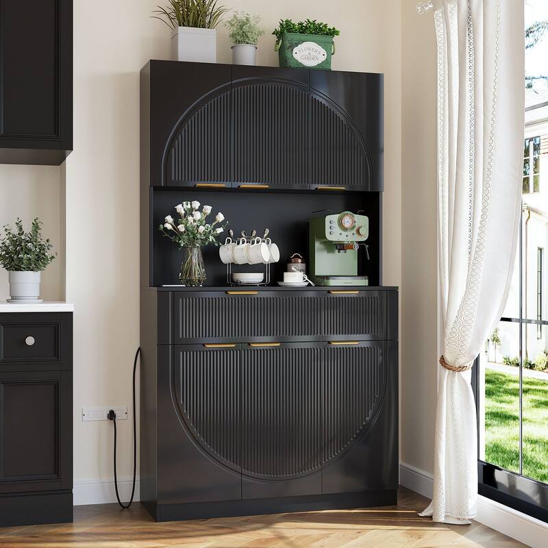 Meyreso 71" Pantry Cabinet, Kitchen Pantry Storage Cabinet with Microwave Stand and Power Outlets - Black - 2-drawer