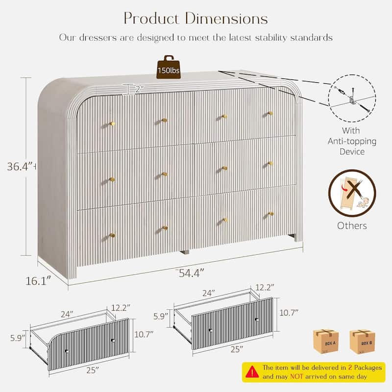 Modern Fluted 6 Drawers Dresser, Wood Chest of Drawers for Bedroom