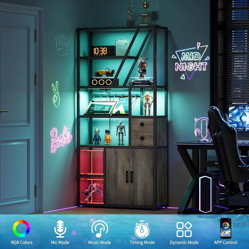 Farmhouse Bar Cabinet with Wine Rack,Bakers Rack with Power Outlet and LED Light