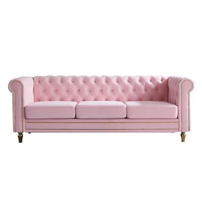 Velvet Chesterfield Sofa, 3-Seater with Rolled Arms, Tufted Back, Metal Legs for Living Room