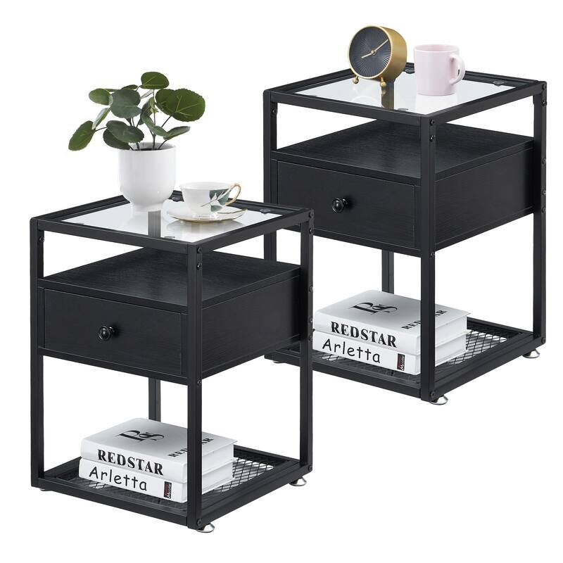 Set of 2 Small Bedside Table with Frame,Morden Night Stand,End Table,Bedside Furniture,Side Table with Drawer - Black