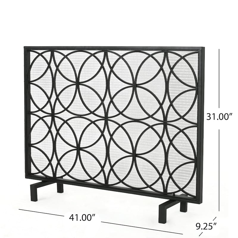 Roomfitters Single Panel Iron Fireplace Screen, Geometric Overlapping Circles Mesh Metal Spark Guard for Hearth Safety, Black