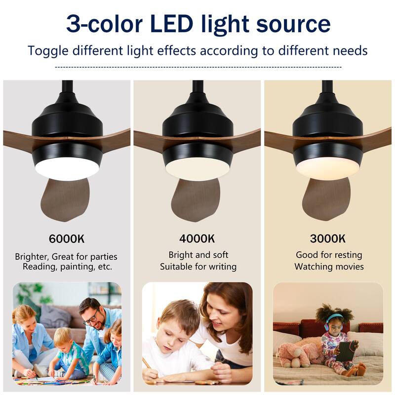 52" Ceiling Fan with Lights, Quiet DC Motor 3 ABS Blade Ceiling Fans, 6 Speed Levels, Reversible Ceiling Fan