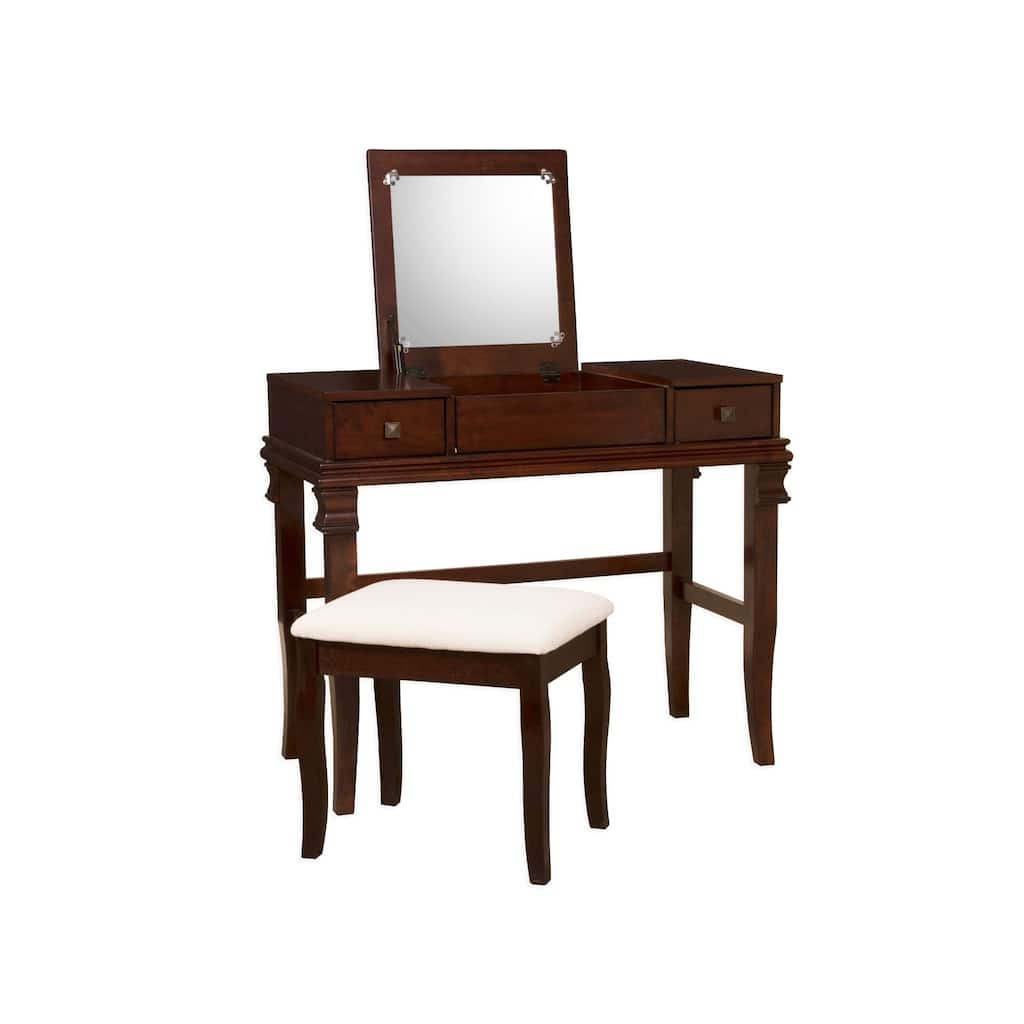 36" Walnut Brown Vanity Set with Mirror and Upholstered Stool
