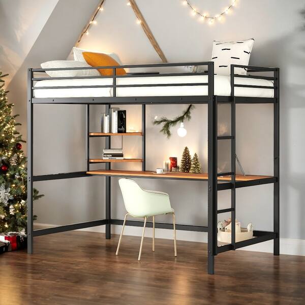 slide 2 of 18, Full Size Metal Modern Loft Bed With Desk and Shelve,Solid Construction Black