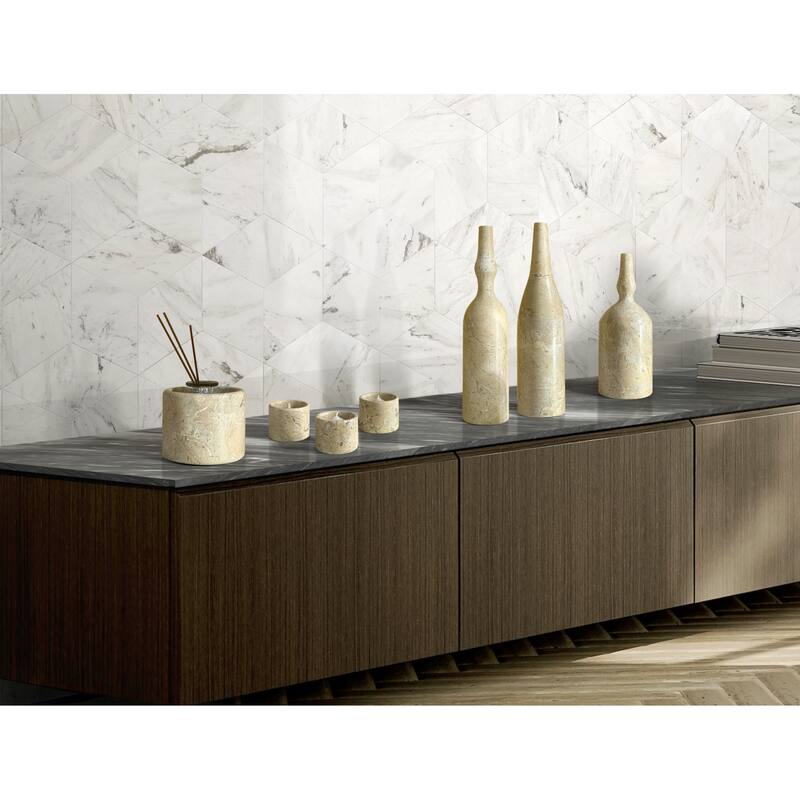 Roomfitters Natural Marble Living Room Accessories Set, Luxury 7-Piece Stone Decor Collection - Beige+Gold