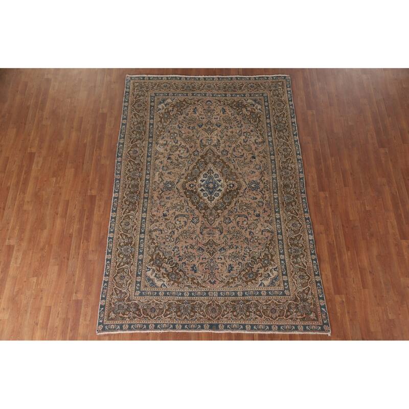 Hand Knotted Oriental 100% Wool Carpet Traditional Floral Coral Mashad Area Rug - 9' 1'' X 6' 1''