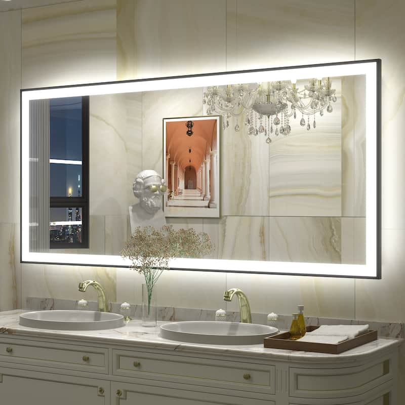 Front & Back LED Anti-Fog Tempered Glass Framed Bathroom/Vanity Mirror 3-Year Warranty - 60" x 28"-Square Corner - Black