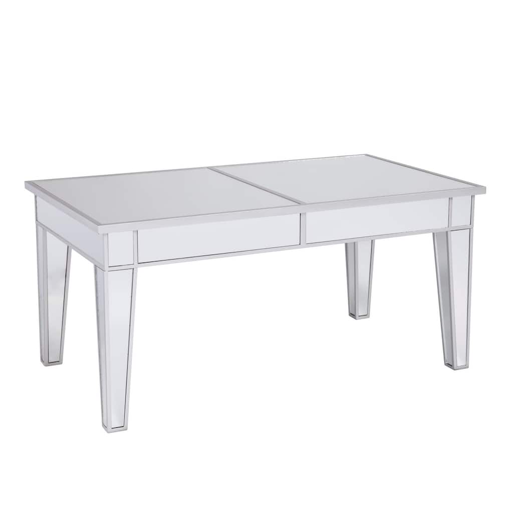 Decorative Silver Metal Glass Coffee Table Rectangular Mirrored Top for Glam Home Interiors - 42.25”L x 23.75”W x 20”H
