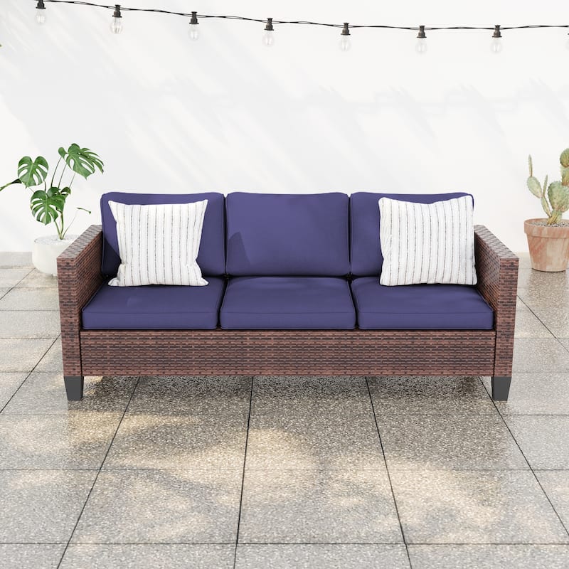BONOSUKI Patio Outdoor Couch,3-Seater Furniture with Removable Cushion - Brown/Nvay Blue