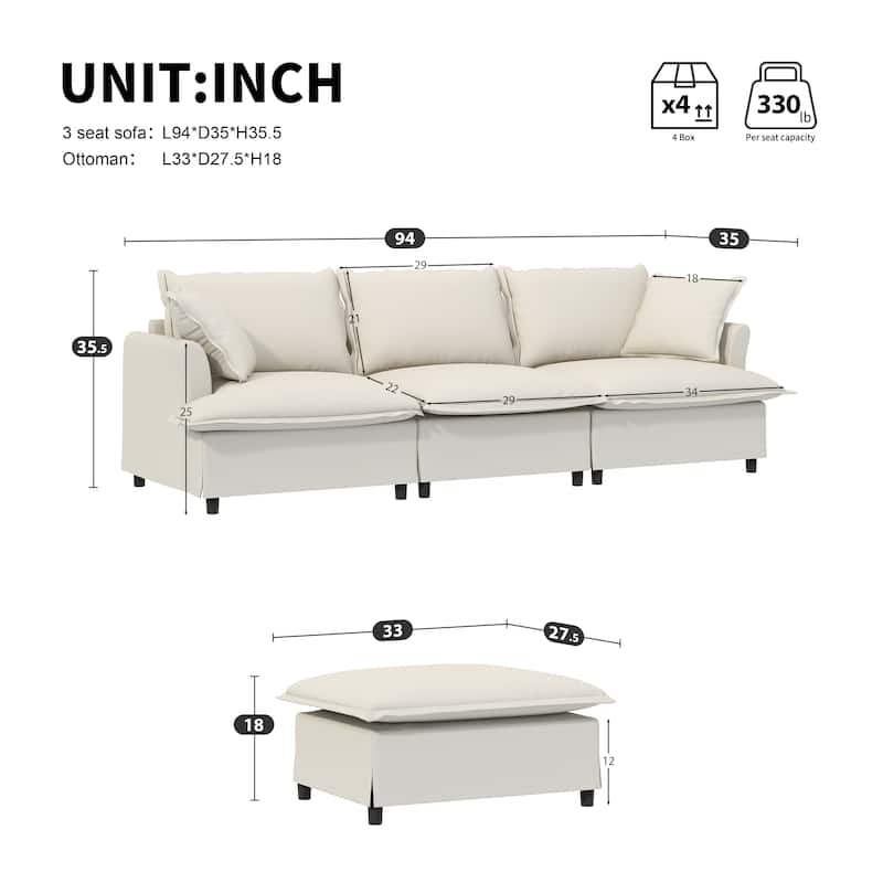 94" Chenille L-Shaped Sectional Sofa with Ottoman & Pillows