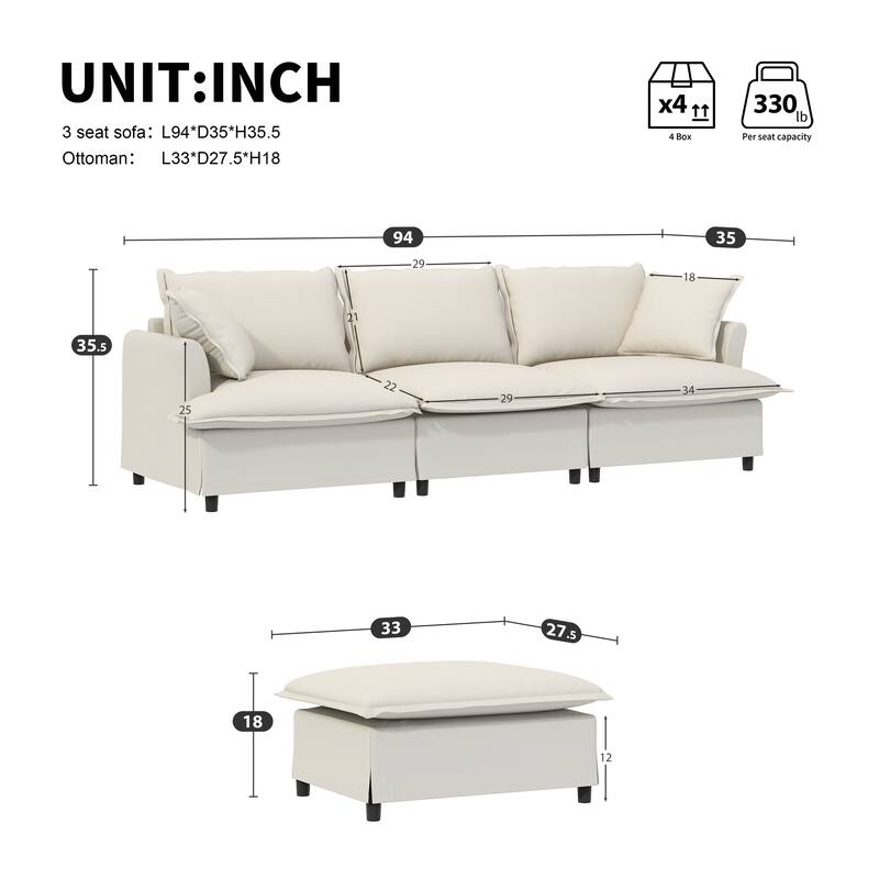 Traditional Modular Chenille Sofa with Skirted Cushions and Ottoman and 2 handrails for Living Room or Guest Room