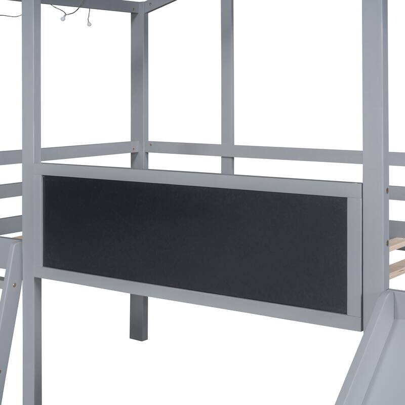 Twin Loft Bed with Slide, Ladder, Blackboard, and Roof Light Strip, Gray